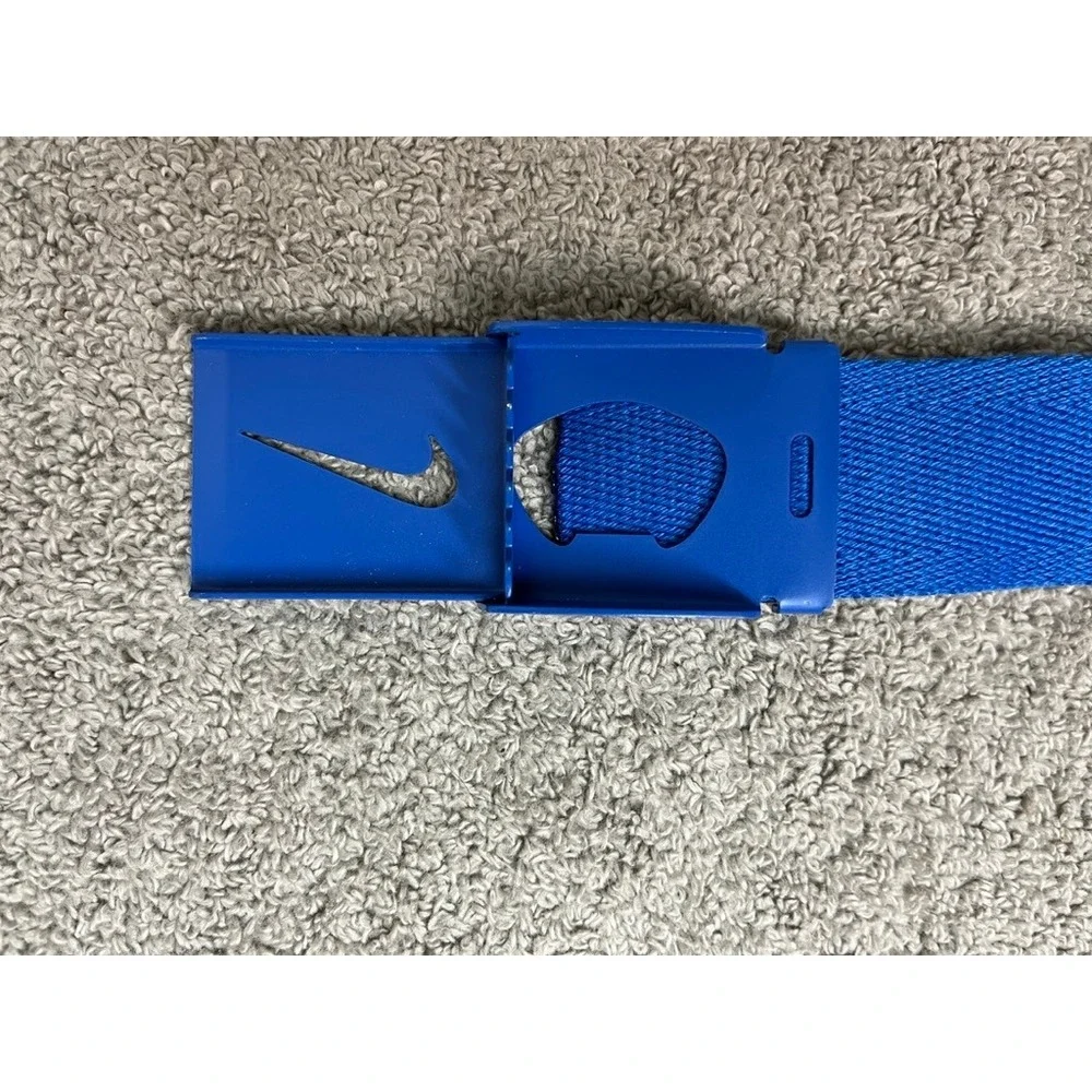 Nike Mens Webbed Golf Belt Royal Blue Canvas Swoosh Logo Bottle Opener Buckle